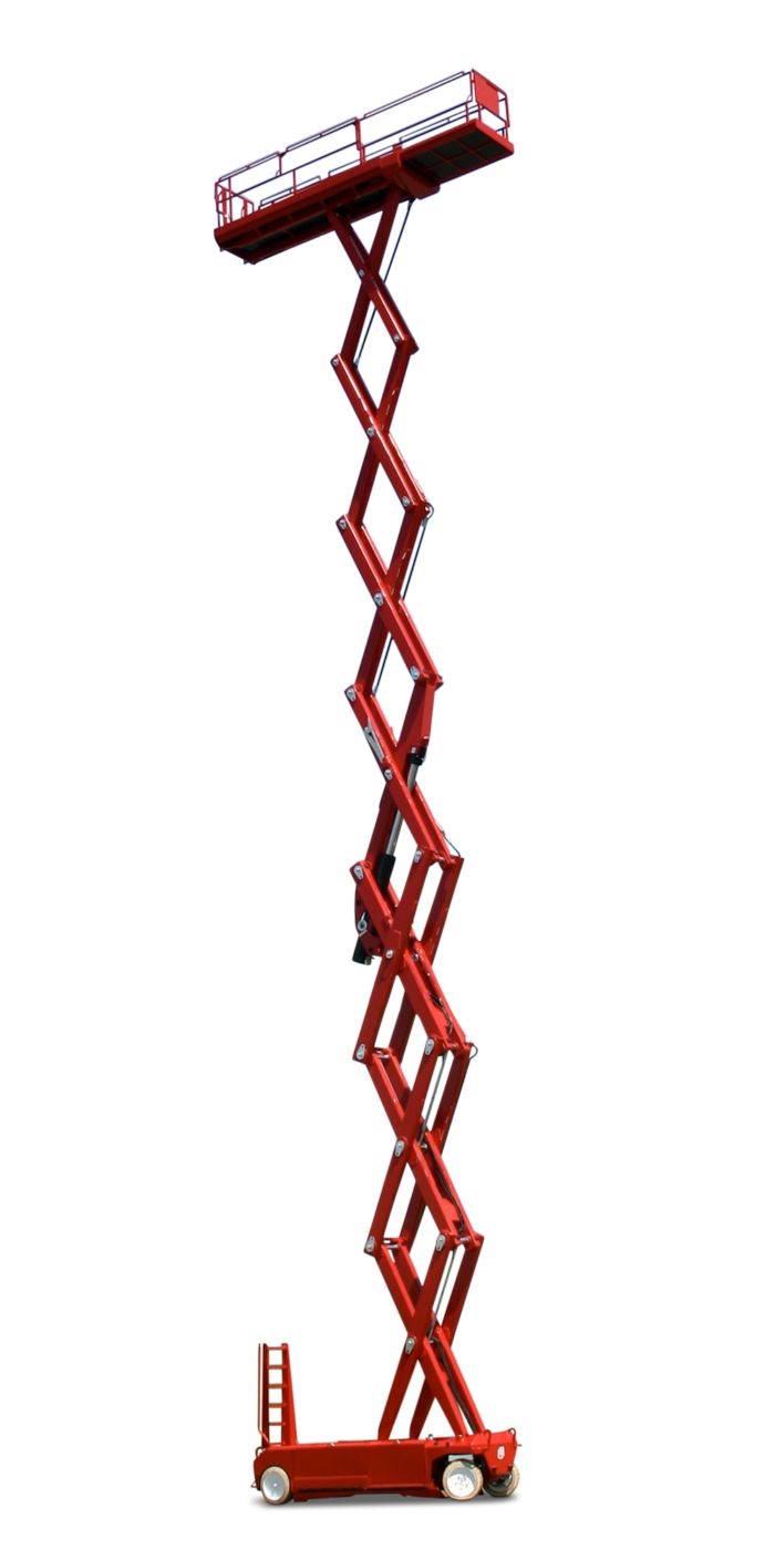 PB Scherenbühne: Hoch und schmal. 22,50 m Arbeitshöhe, 1,22 m Breite.